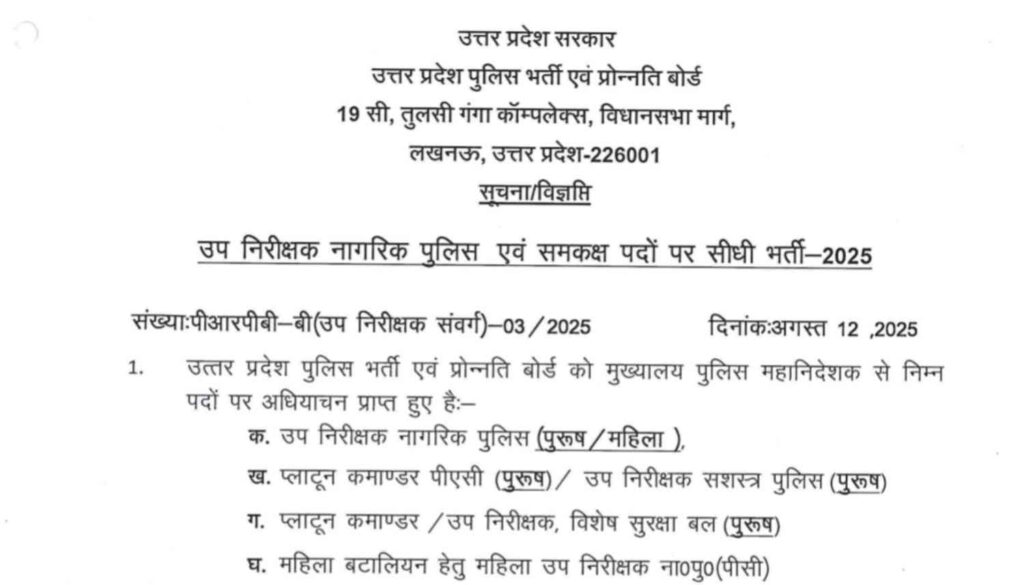 UP Police SI Recruitment 2025