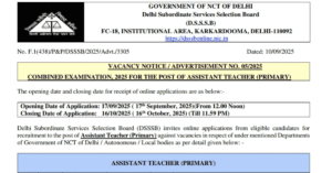 DSSSB Assistant Teacher Primary Recruitment 2025